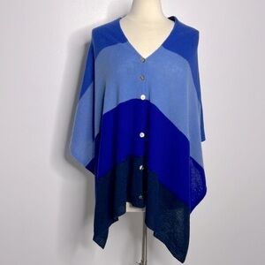 CLAUDIA NICHOLE 100% Cashmere Striped Buttoned Topper Poncho Wrap O/S blue